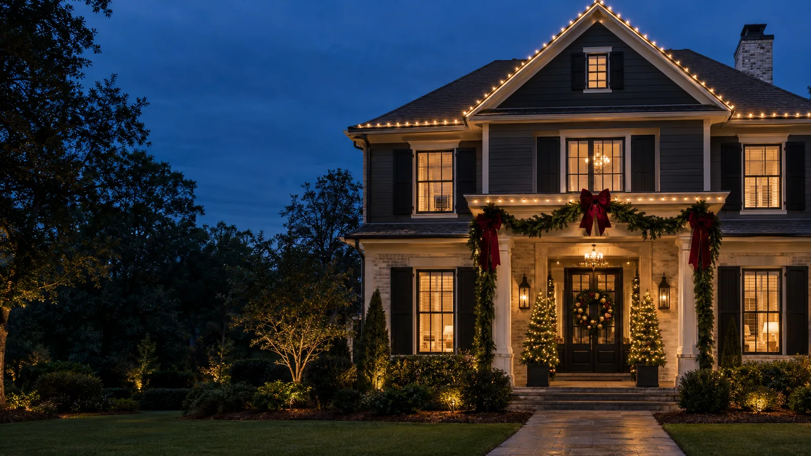 Holiday-home design inspiration with warm lights and evergreen garlands at dusk
