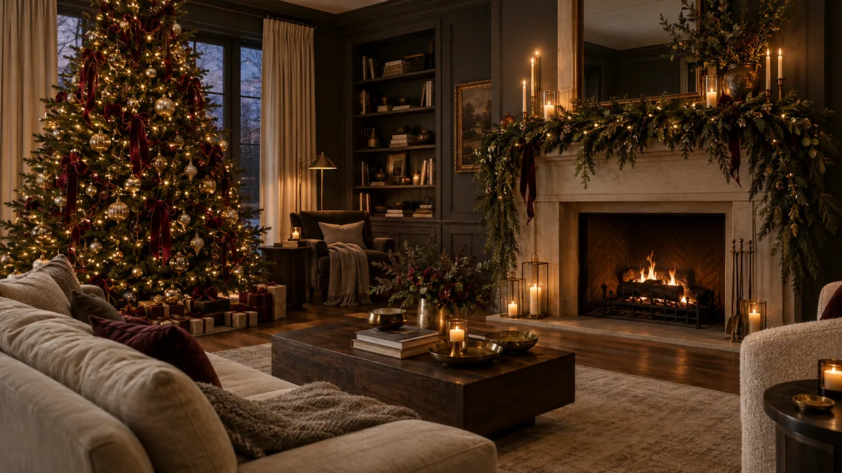 Christmas interior design concept with a champagne and cranberry tree beside a decorated fireplace