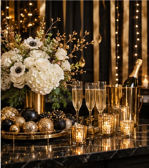 New Year's Eve home celebration concept with champagne gold, black and white florals