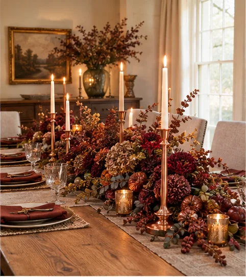 Thanksgiving tablescape concept with autumn foliage, linen and copper candles